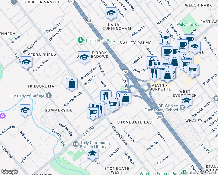 map of restaurants, bars, coffee shops, grocery stores, and more near 2298 Denair Avenue in San Jose