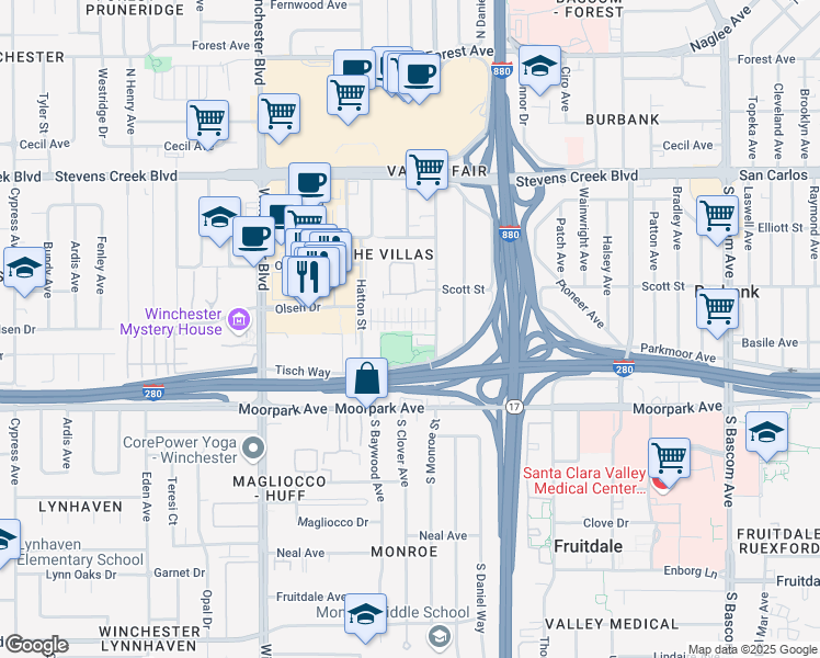 map of restaurants, bars, coffee shops, grocery stores, and more near 515 Calabria Place in San Jose