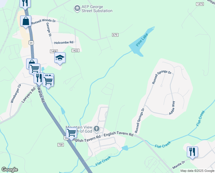 map of restaurants, bars, coffee shops, grocery stores, and more near 53 Squire Circle in Lynchburg