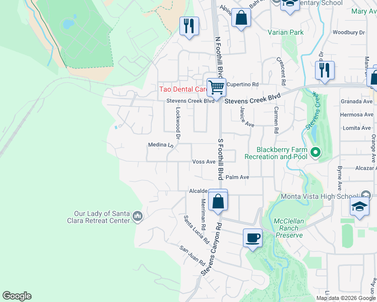 map of restaurants, bars, coffee shops, grocery stores, and more near 10309 McKlintock Lane in Cupertino