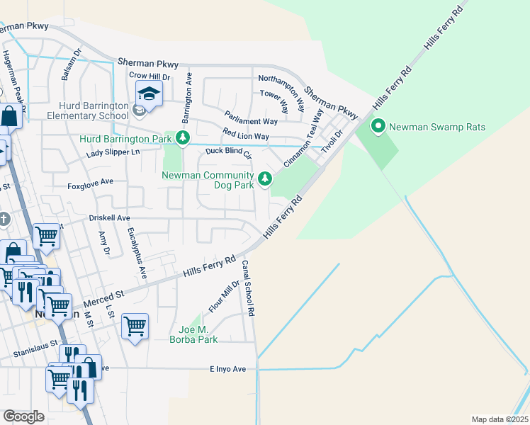 map of restaurants, bars, coffee shops, grocery stores, and more near 1311 Marapole Court in Newman