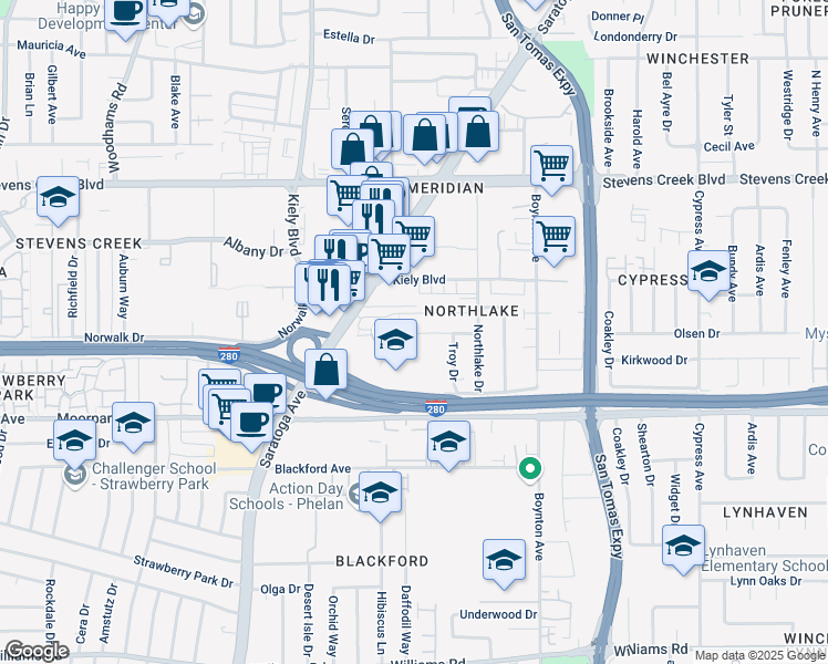 map of restaurants, bars, coffee shops, grocery stores, and more near 462 Saratoga Avenue in San Jose