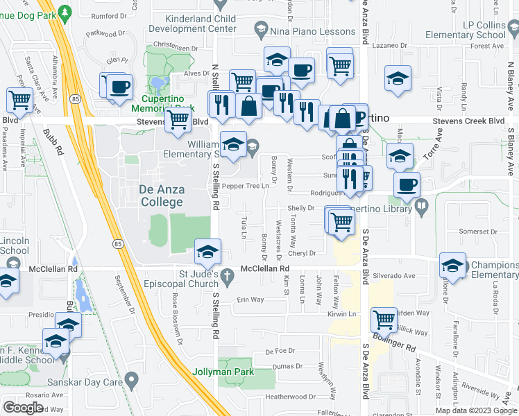 map of restaurants, bars, coffee shops, grocery stores, and more near 10311 Bonny Drive in Cupertino