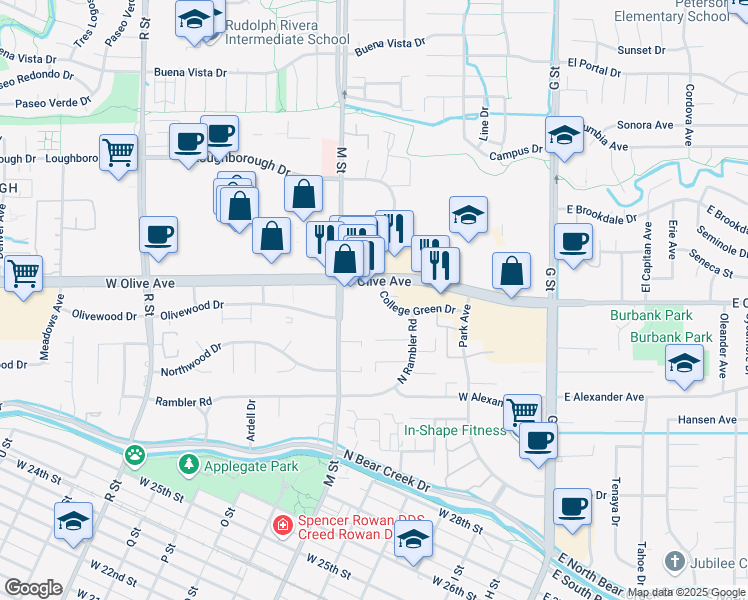 map of restaurants, bars, coffee shops, grocery stores, and more near 3071 College Green Drive in Merced