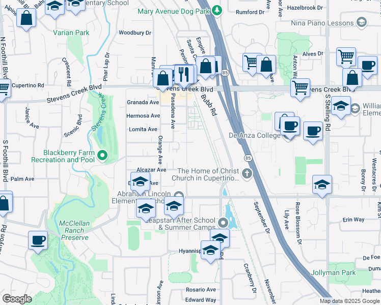 map of restaurants, bars, coffee shops, grocery stores, and more near 10290 Imperial Avenue in Cupertino