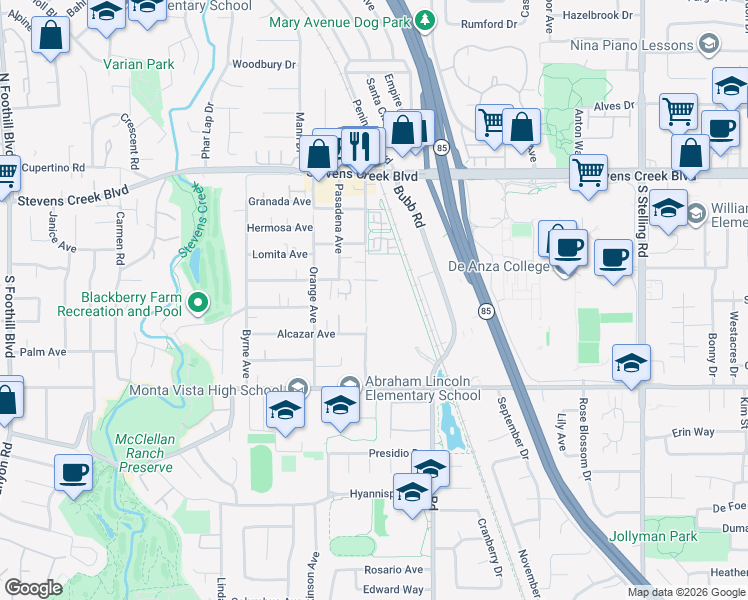 map of restaurants, bars, coffee shops, grocery stores, and more near 10290 Imperial Avenue in Cupertino
