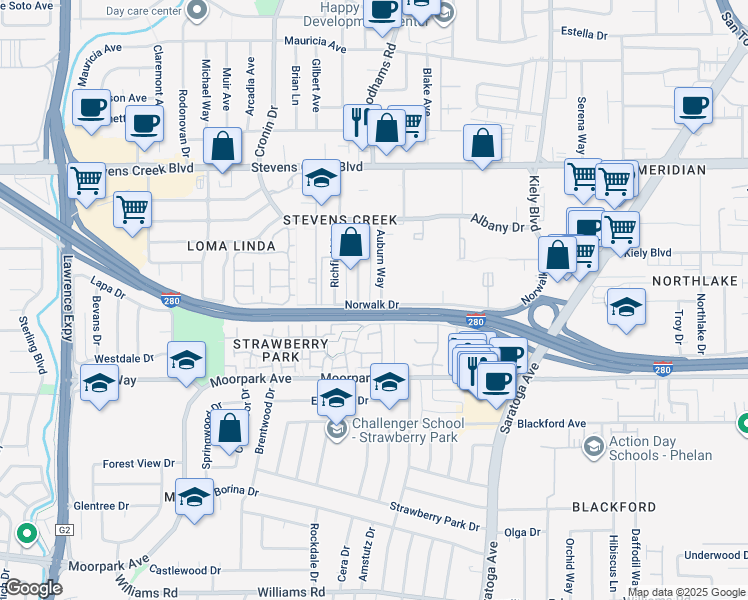 map of restaurants, bars, coffee shops, grocery stores, and more near 499 Auburn Way in San Jose