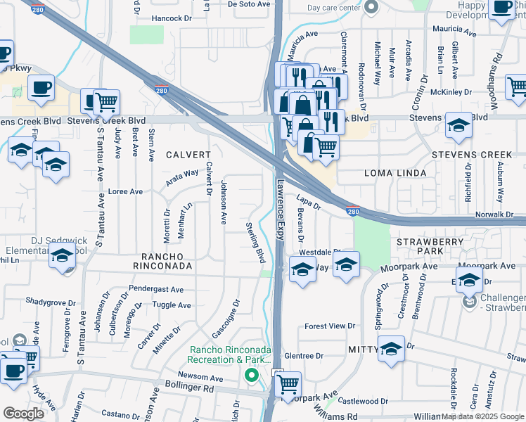 map of restaurants, bars, coffee shops, grocery stores, and more near 10308 Sterling Boulevard in Cupertino