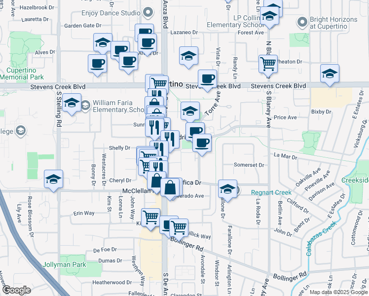 map of restaurants, bars, coffee shops, grocery stores, and more near 20380 Town Center Lane in Cupertino