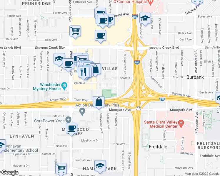 map of restaurants, bars, coffee shops, grocery stores, and more near 515 Calabria Place in San Jose