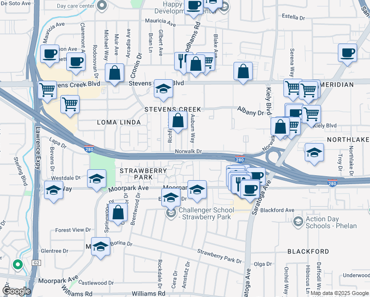 map of restaurants, bars, coffee shops, grocery stores, and more near 494 Greendale Way in San Jose