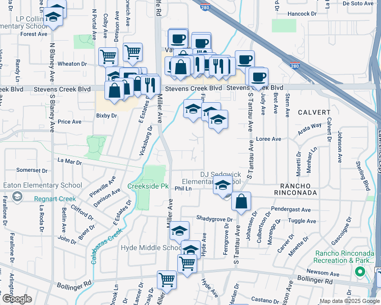 map of restaurants, bars, coffee shops, grocery stores, and more near 19342 Greenwood Drive in Cupertino
