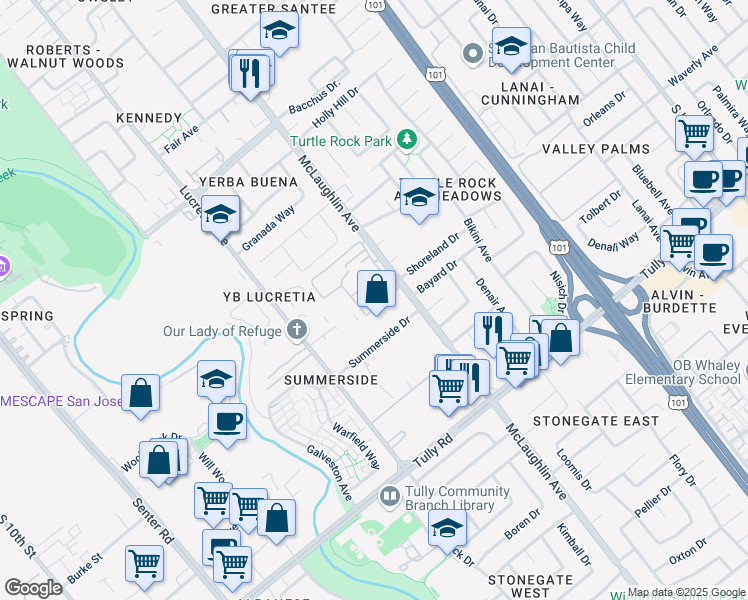map of restaurants, bars, coffee shops, grocery stores, and more near 2175 Summerton Drive in San Jose