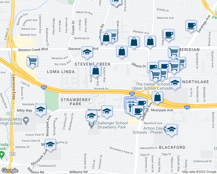 map of restaurants, bars, coffee shops, grocery stores, and more near 490 Auburn Way in San Jose