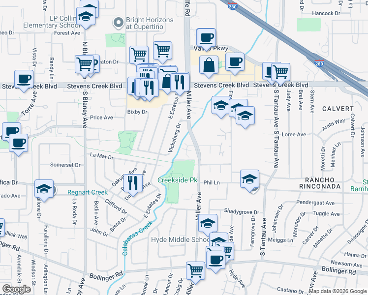 map of restaurants, bars, coffee shops, grocery stores, and more near 10339 Greenwood Court in Cupertino