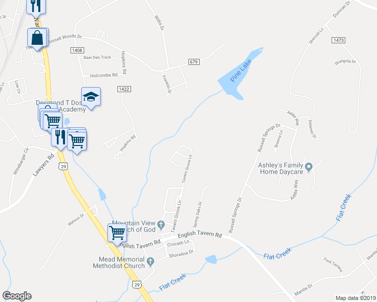map of restaurants, bars, coffee shops, grocery stores, and more near 143 Squire Circle in Lynchburg
