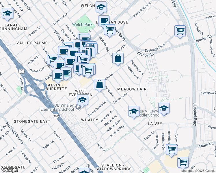 map of restaurants, bars, coffee shops, grocery stores, and more near 2636 Aida Avenue in San Jose