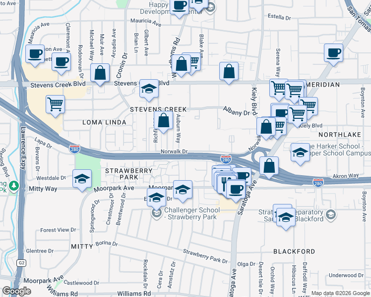 map of restaurants, bars, coffee shops, grocery stores, and more near 490 Auburn Way in San Jose