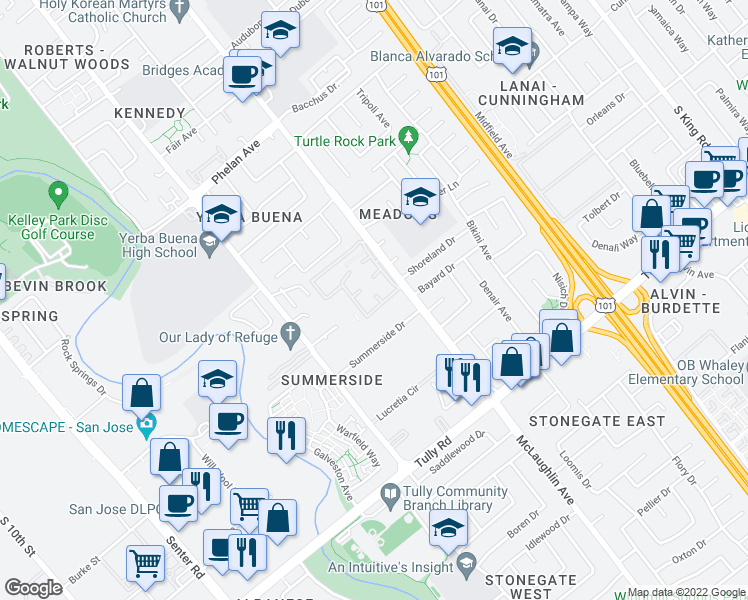 map of restaurants, bars, coffee shops, grocery stores, and more near 2175 Summerton Drive in San Jose