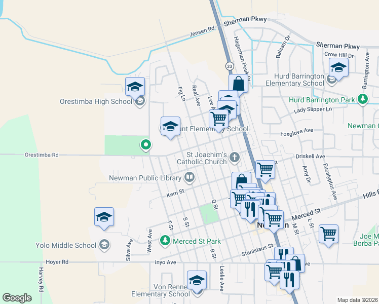 map of restaurants, bars, coffee shops, grocery stores, and more near 1228 Yolo St in Newman