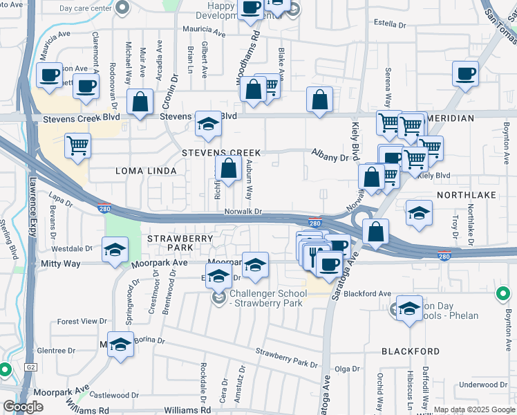 map of restaurants, bars, coffee shops, grocery stores, and more near 490 Auburn Way in San Jose