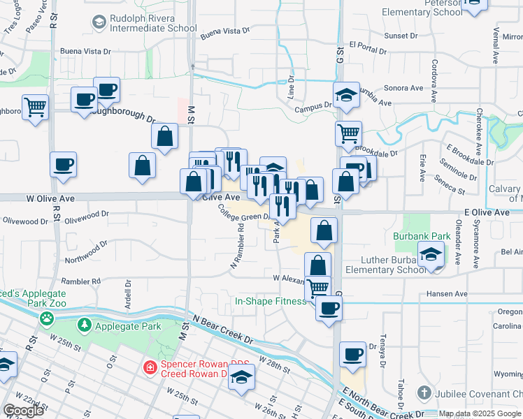 map of restaurants, bars, coffee shops, grocery stores, and more near 300 West Olive Avenue in Merced