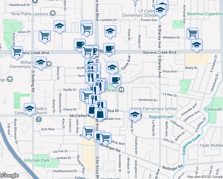 map of restaurants, bars, coffee shops, grocery stores, and more near 20370 Town Center Lane in Cupertino