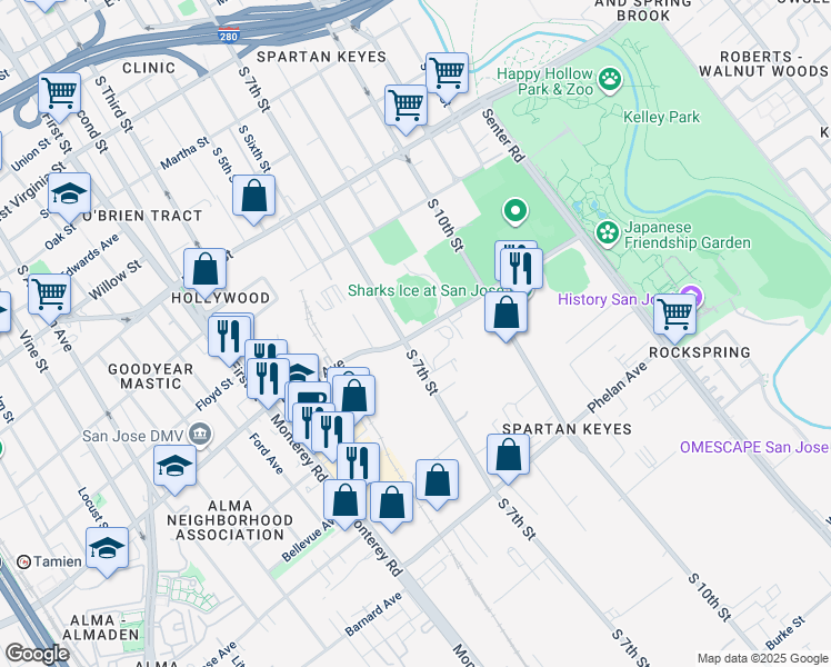 map of restaurants, bars, coffee shops, grocery stores, and more near 323 East Alma Avenue in San Jose