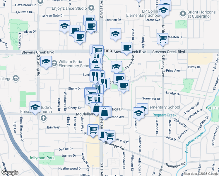 map of restaurants, bars, coffee shops, grocery stores, and more near 20410 Town Center Lane in Cupertino