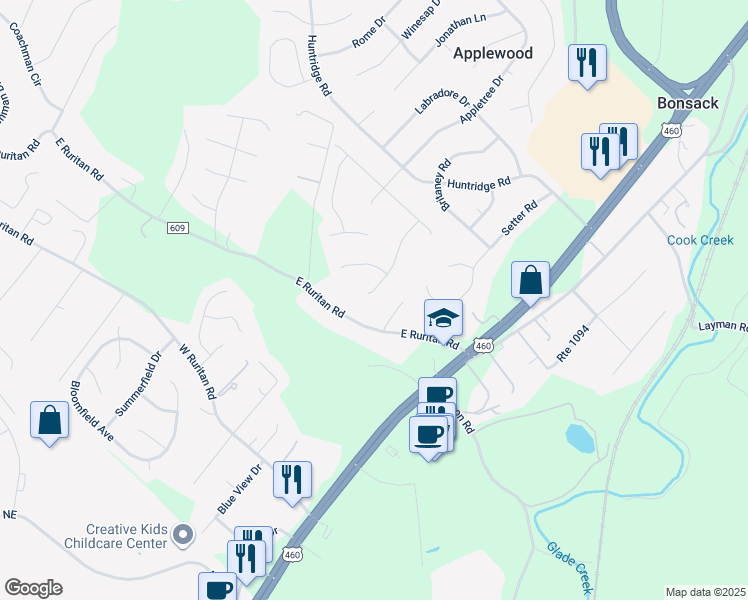 map of restaurants, bars, coffee shops, grocery stores, and more near 5120 Carter Grove Lane in Roanoke