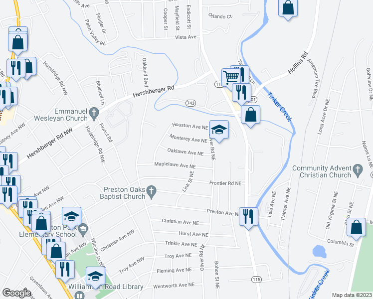 map of restaurants, bars, coffee shops, grocery stores, and more near 172 Oaklawn Avenue Northeast in Roanoke