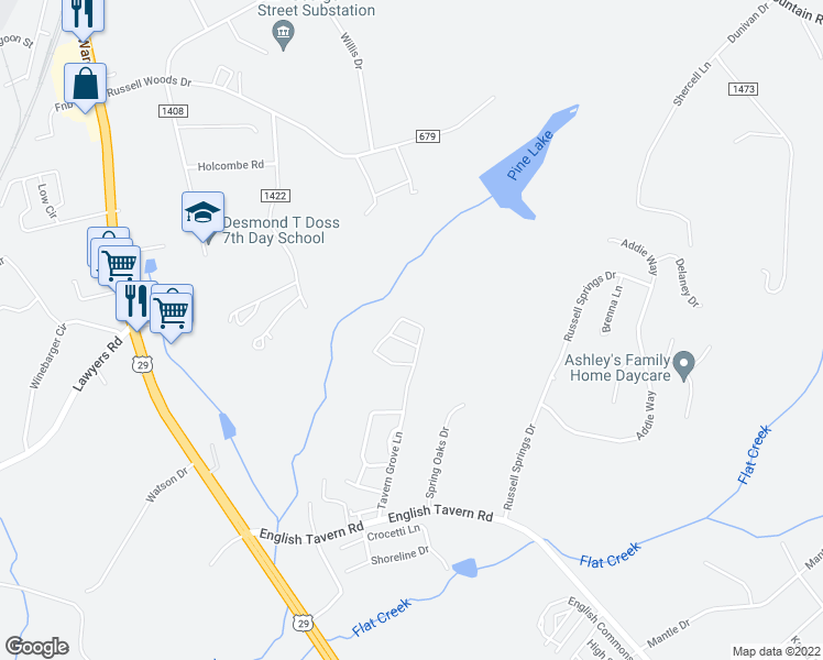 map of restaurants, bars, coffee shops, grocery stores, and more near 131 Squire Circle in Lynchburg