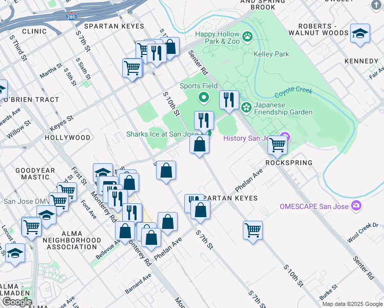 map of restaurants, bars, coffee shops, grocery stores, and more near 1507 South 10th Street in San Jose