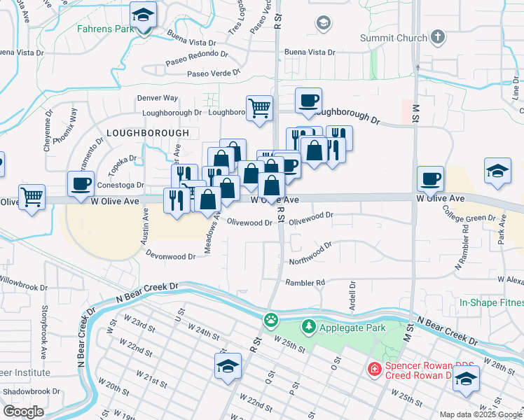 map of restaurants, bars, coffee shops, grocery stores, and more near 1160 West Olive Avenue in Merced