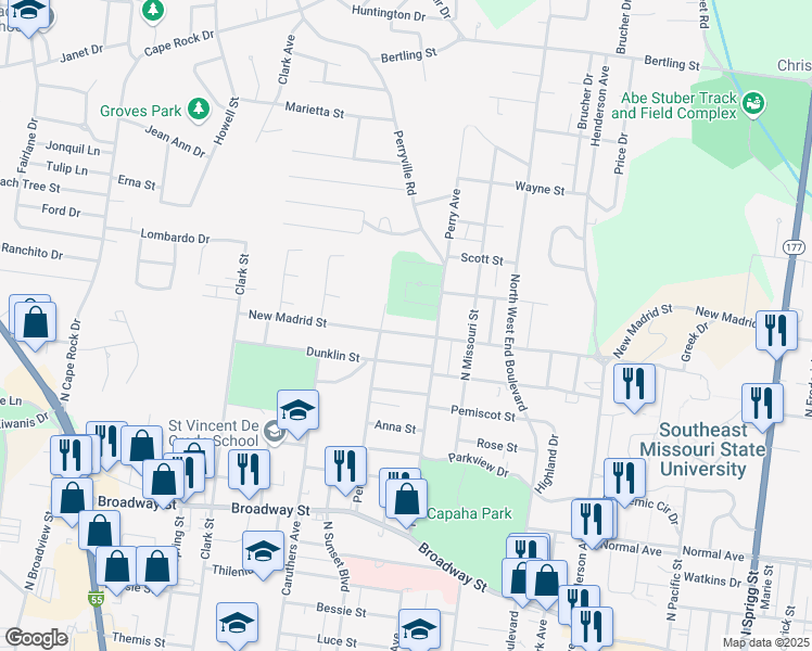 map of restaurants, bars, coffee shops, grocery stores, and more near 1730 New Madrid Street in Cape Girardeau