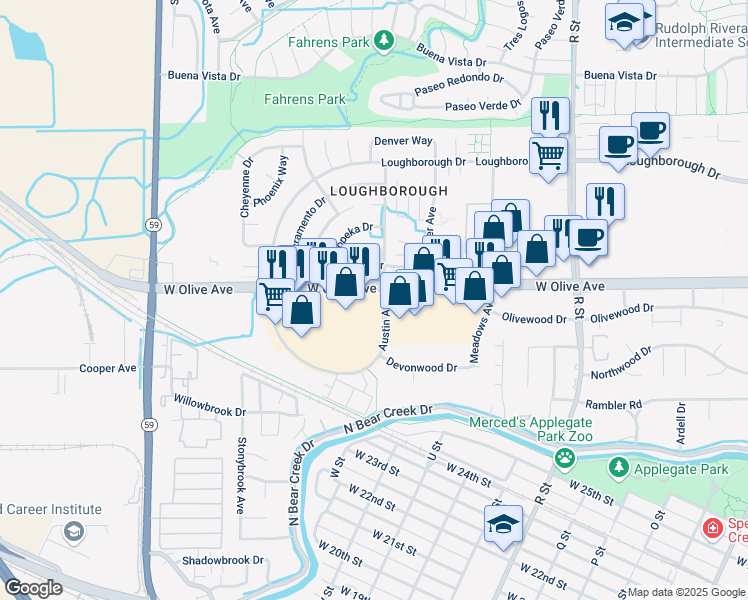 map of restaurants, bars, coffee shops, grocery stores, and more near 1360 West Olive Avenue in Merced
