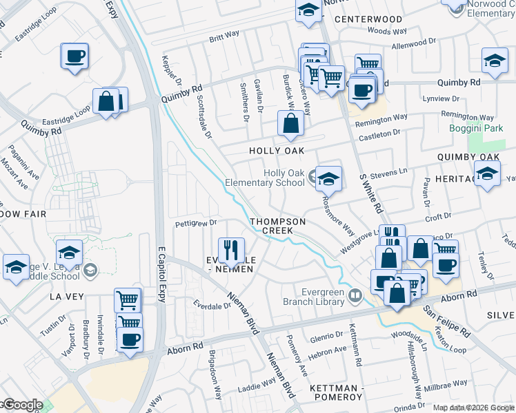 map of restaurants, bars, coffee shops, grocery stores, and more near 2816 Scottsdale Drive in San Jose