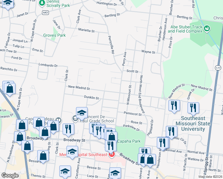 map of restaurants, bars, coffee shops, grocery stores, and more near 1730 New Madrid Street in Cape Girardeau