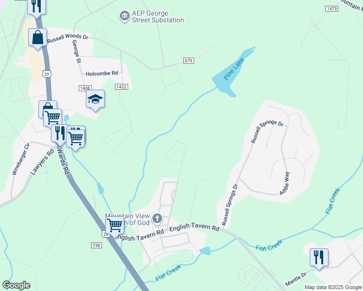 map of restaurants, bars, coffee shops, grocery stores, and more near 131 Squire Circle in Lynchburg
