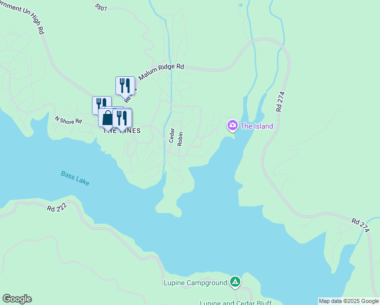 map of restaurants, bars, coffee shops, grocery stores, and more near 54736 Willow Cove in Bass Lake