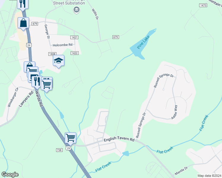 map of restaurants, bars, coffee shops, grocery stores, and more near 129 Squire Circle in Lynchburg