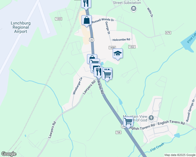 map of restaurants, bars, coffee shops, grocery stores, and more near 2 Lawyers Road in Lynchburg