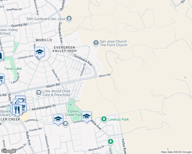 map of restaurants, bars, coffee shops, grocery stores, and more near Aborn Road & Murillo Avenue in San Jose