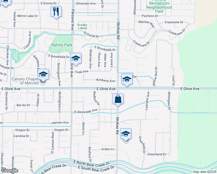 map of restaurants, bars, coffee shops, grocery stores, and more near 2133 East Olive Avenue in Merced