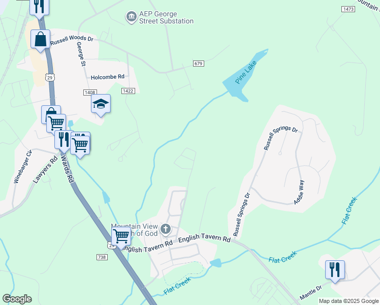 map of restaurants, bars, coffee shops, grocery stores, and more near 129 Squire Circle in Lynchburg