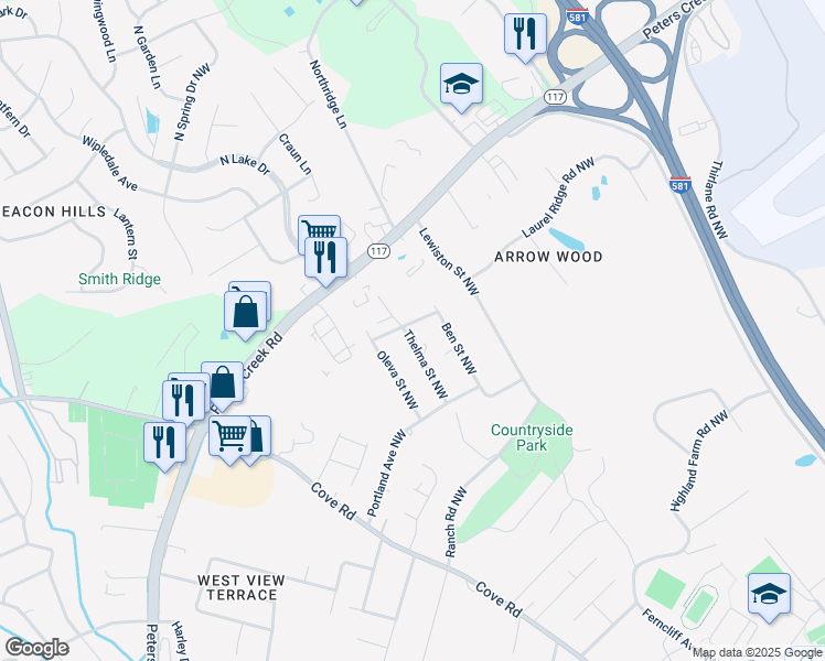 map of restaurants, bars, coffee shops, grocery stores, and more near 2603 Hillendale Drive Northwest in Roanoke