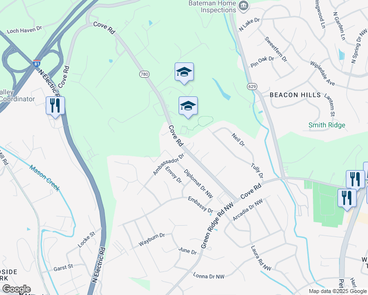 map of restaurants, bars, coffee shops, grocery stores, and more near 5814 Cove Rd NW in Roanoke
