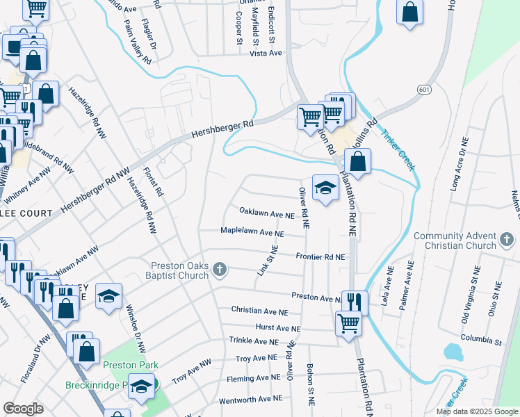 map of restaurants, bars, coffee shops, grocery stores, and more near 162 Oaklawn Avenue Northeast in Roanoke