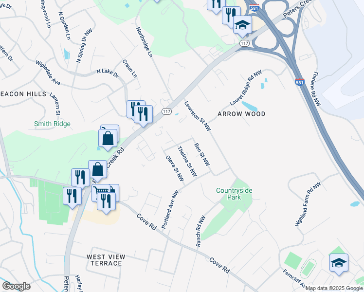 map of restaurants, bars, coffee shops, grocery stores, and more near 2603 Hillendale Drive Northwest in Roanoke