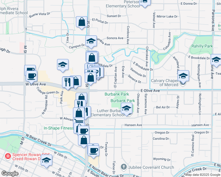 map of restaurants, bars, coffee shops, grocery stores, and more near 275 East Olive Avenue in Merced